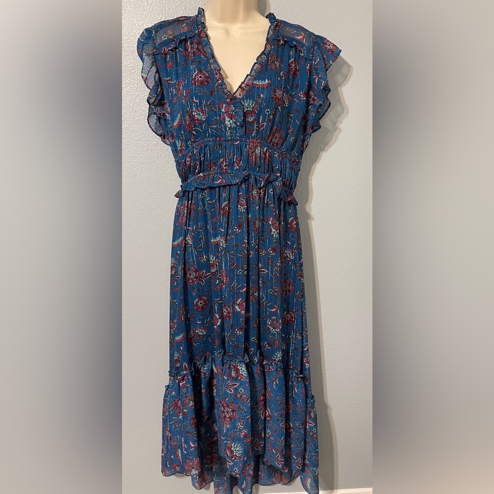 Anthropologie Taylor Blue Floral Chiffon Dress Ruffle Tiered Boho Flowy Size 4